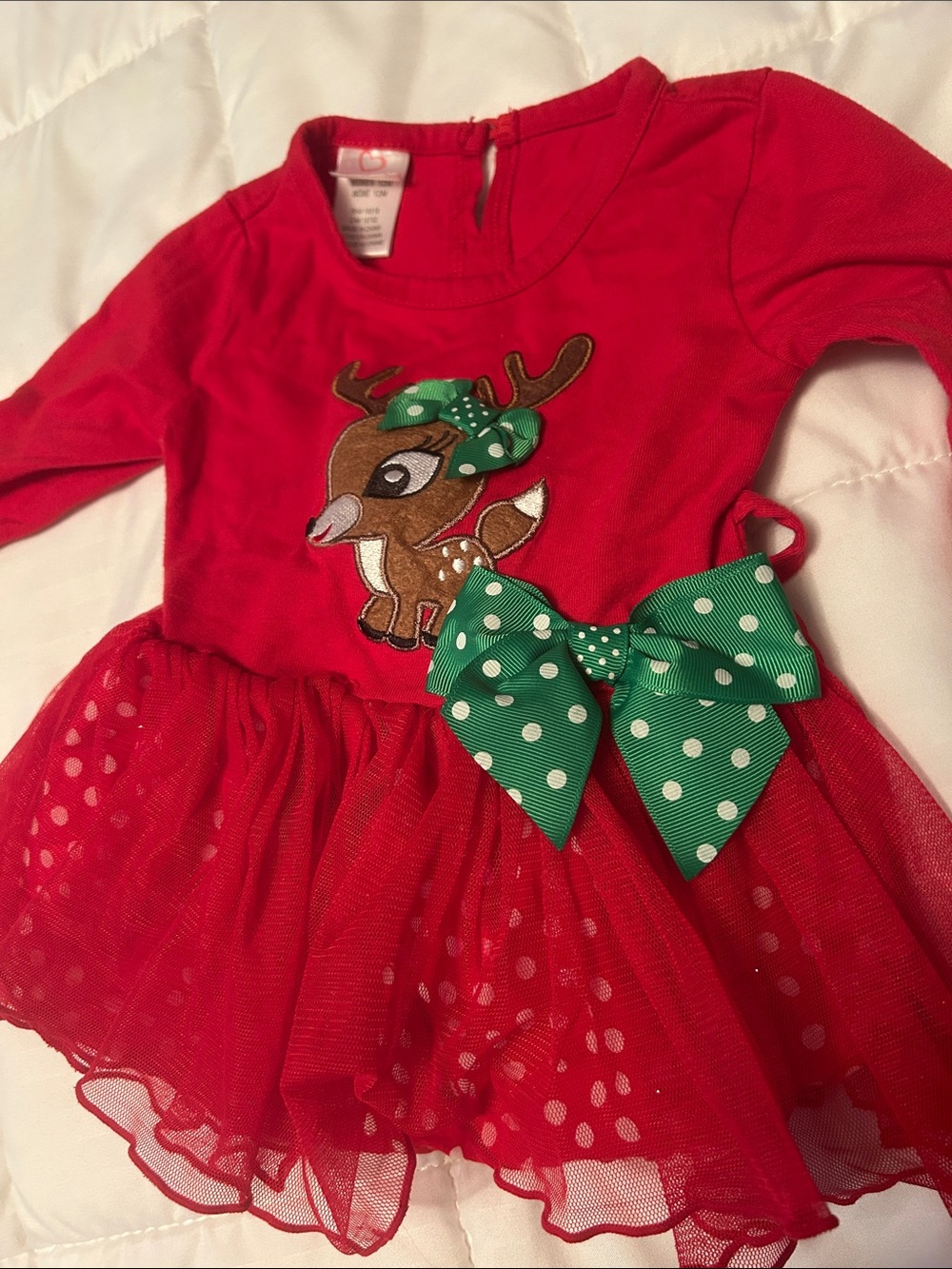 Youngland Red Holiday Reindeer Dress with Green Bow